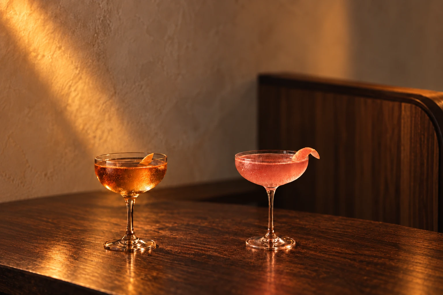 暖光下並置的兩只酒杯，無人氛圍圖 / Two coupes in warm light; a people-free mood image