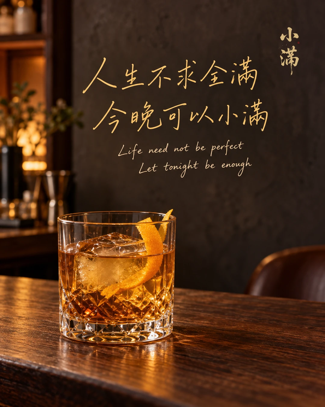 既有琥珀晶光圖卡的切面矮杯與金色冰飲細節 / A cut-crystal rocks glass with an amber iced drink, from our earlier mood artwork